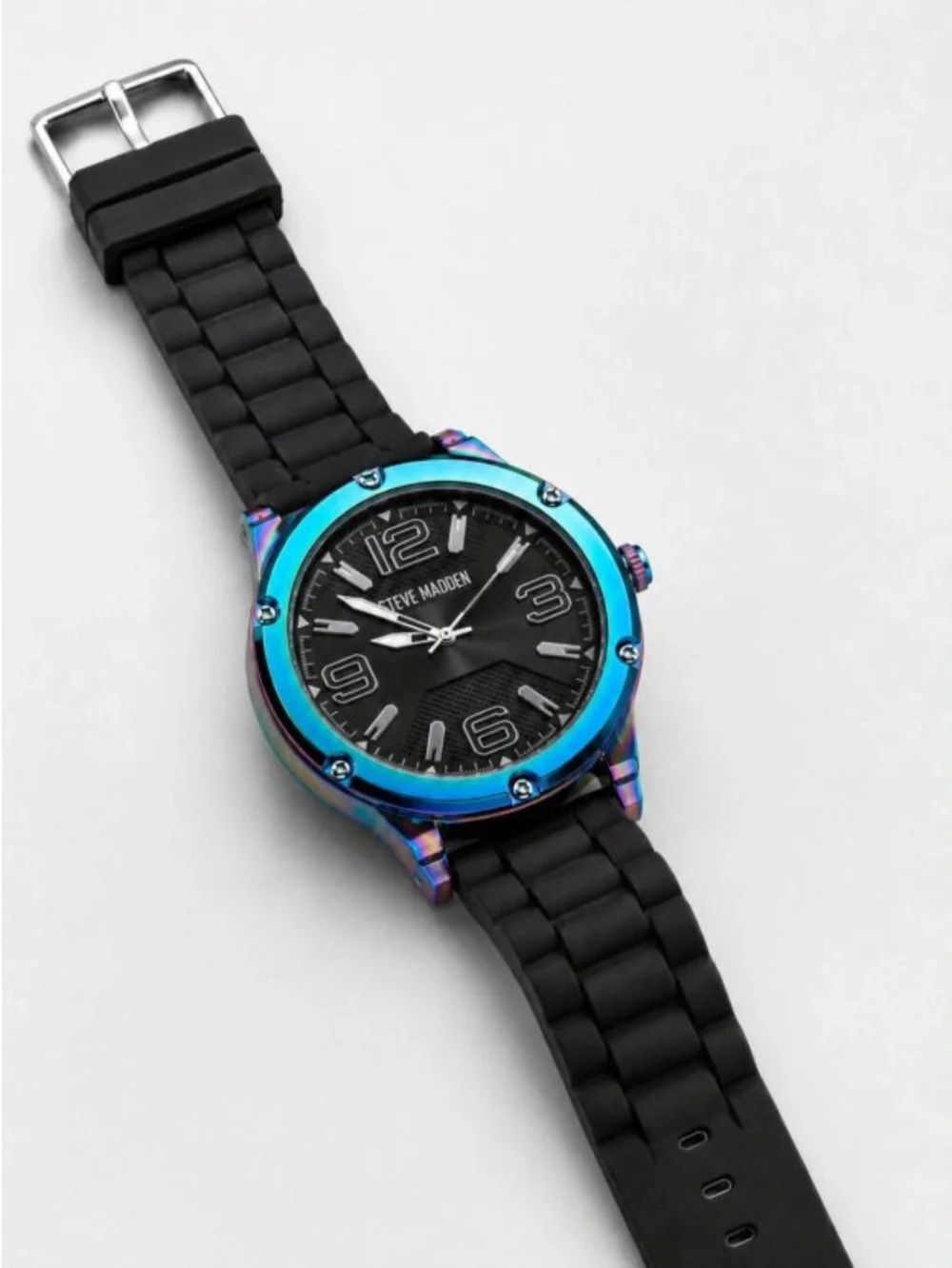 Steve Madden Black Dial Watch with Iridescent Rainbow Bezel